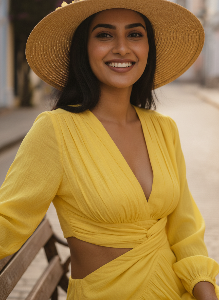 Close up of the V neck and twist front detail of a yellow boho summer maxi dress, showing the texture of the fabric.