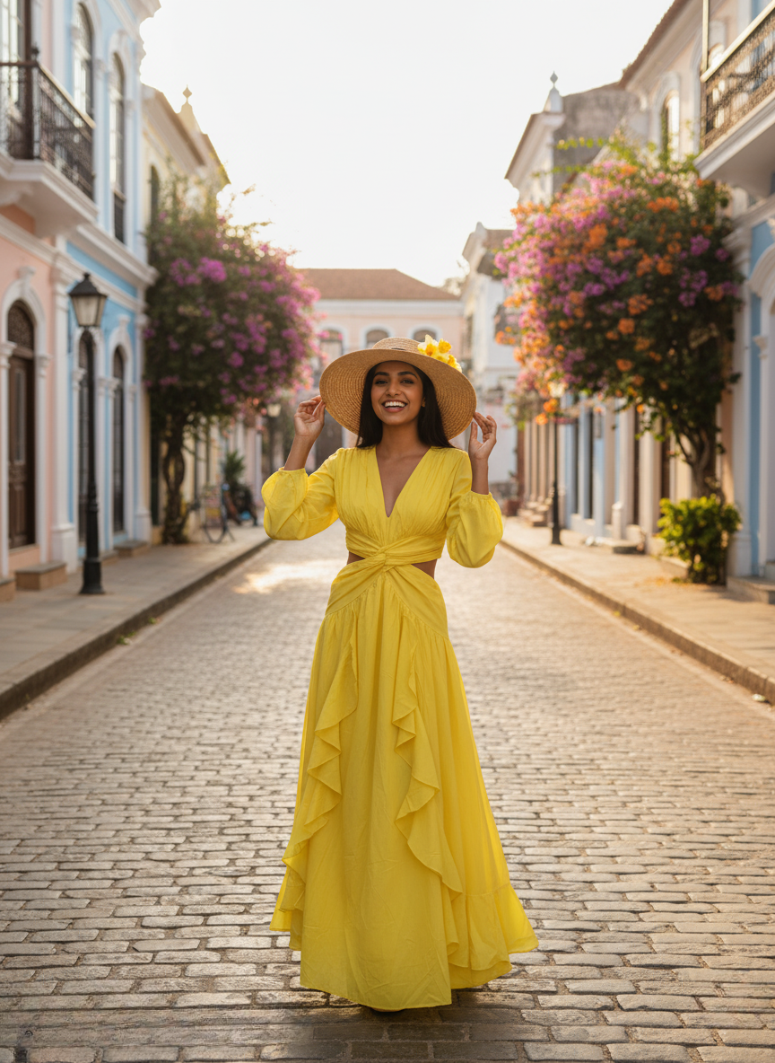 Woman wearing a long sleeve yellow cutout maxi dress with a ruffle skirt, smiling and holding a straw hat on a cobblestone street in Goa.