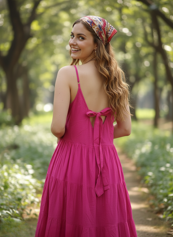 Woman in berry blossom magenta tiered maxi dress, looking back and smiling, showing back tie detail