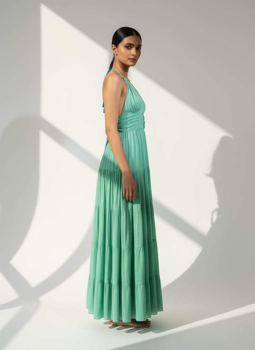 Woman in aqua whisper mint halter tiered maxi dress, side profile