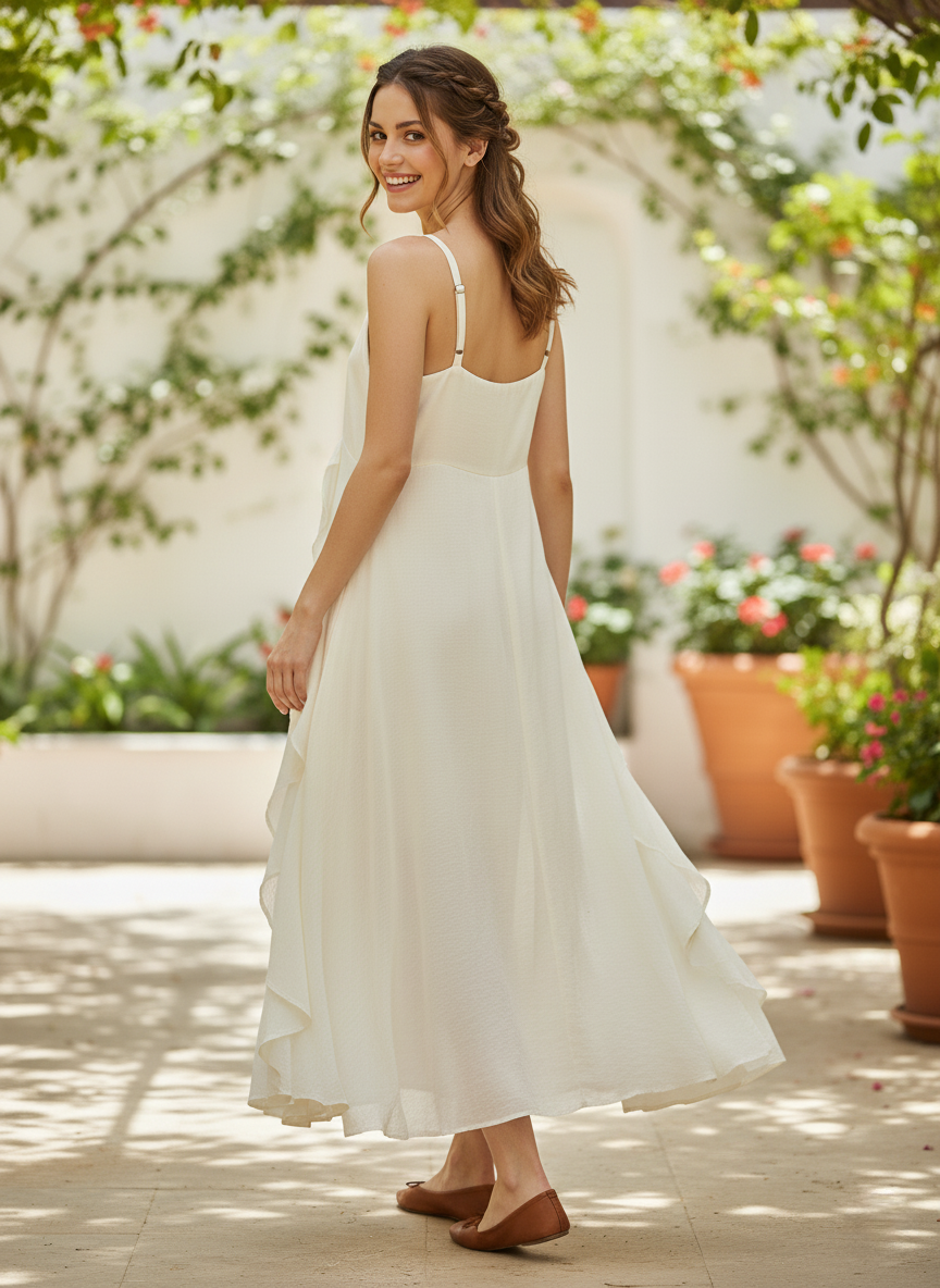 Full back view of ivory off-white pleated maxi cami dress