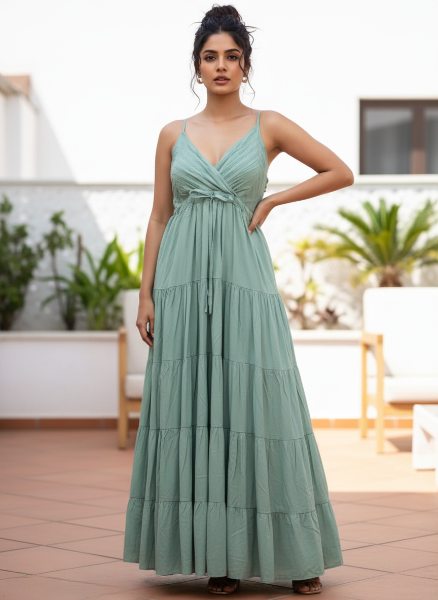 Woman in sage green tiered maxi dress with criss-cross bodice, full front view