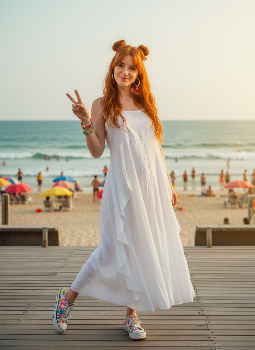Fun-loving model in white cami maxi dress making a peace sign on a beach boardwalk. Highlights pin-tuck pleats and layered ruffle skirt, paired with colorful sneakers.