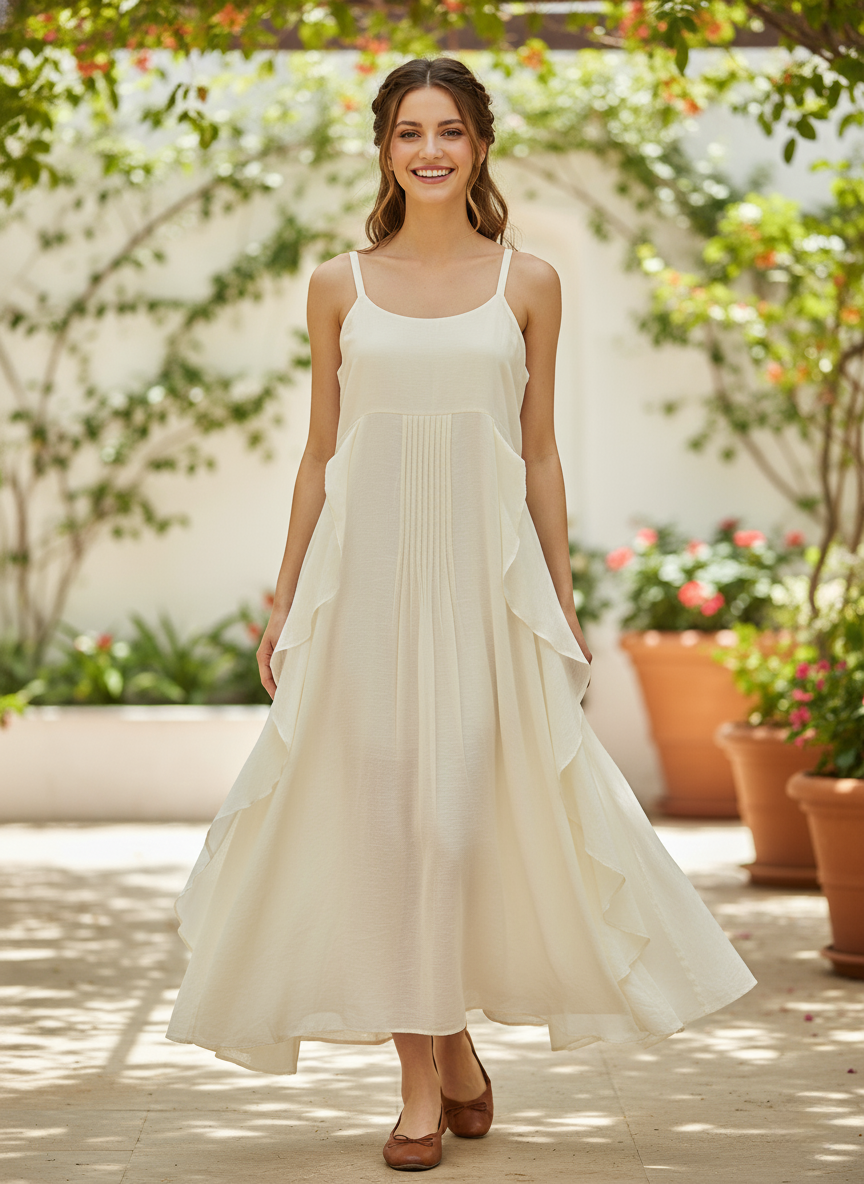 Full front view of ivory off-white pleated maxi cami dress