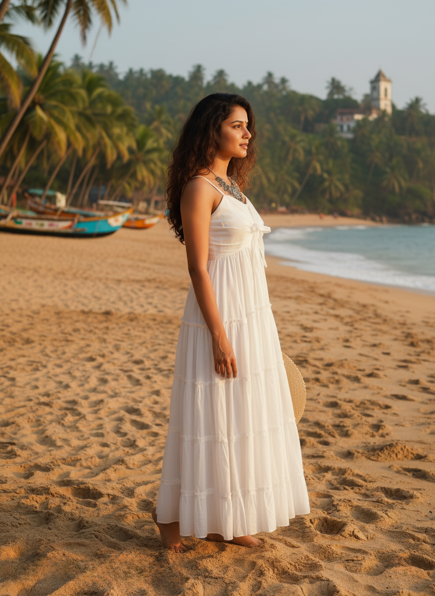 Casual bohemian white cotton dress side view, highlighting the tiered skirt detail and natural crepe texture. Accessorized with boho oxidized jewelry against a tropical beach backdrop.