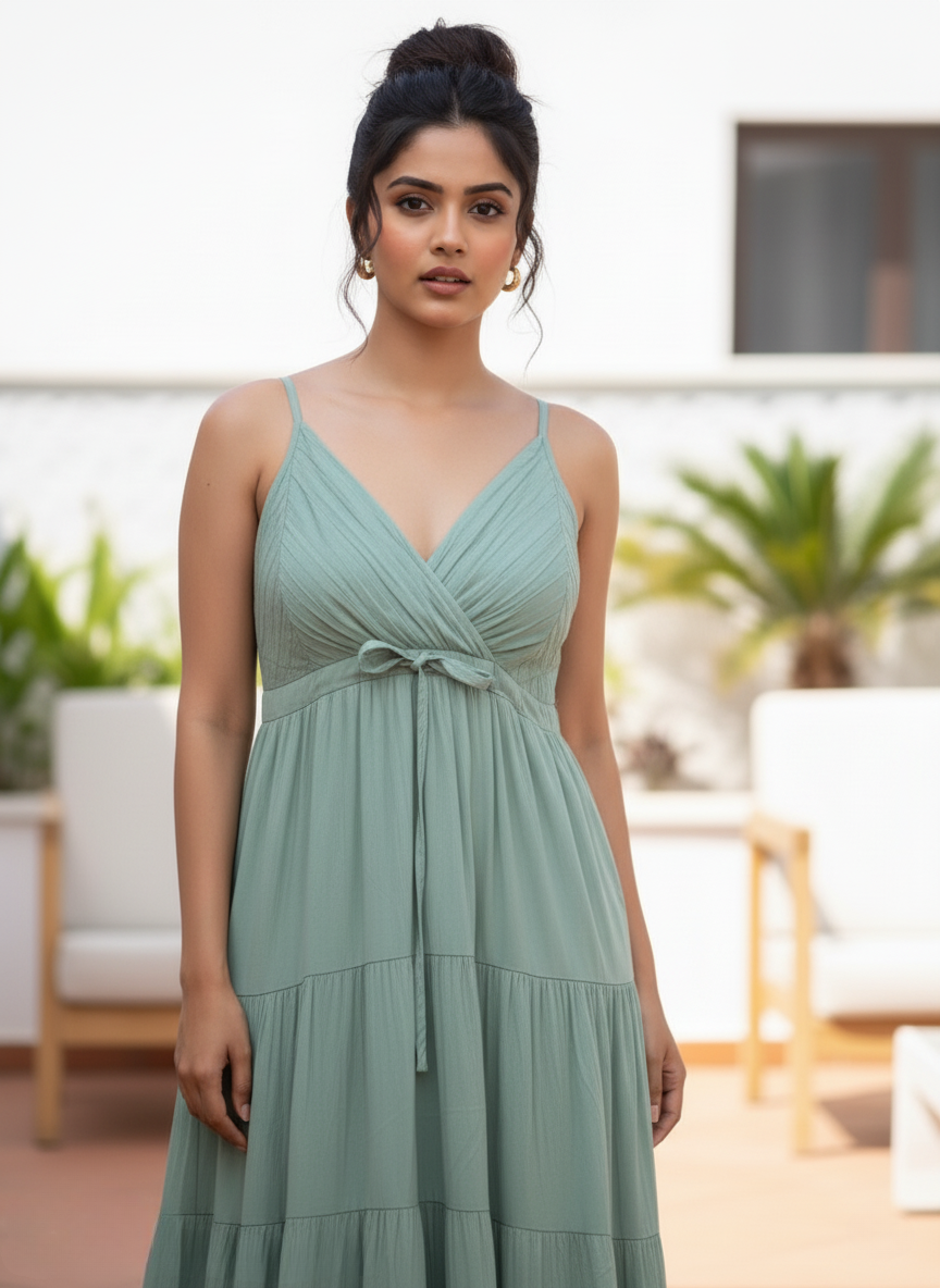 Close-up of woman in sage green tiered maxi dress, showing criss-cross bodice and earrings