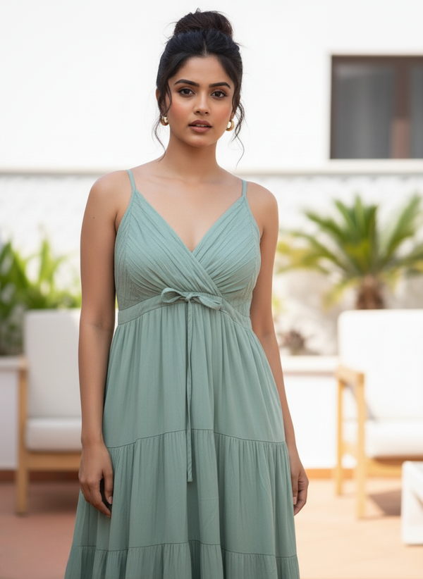 Close-up of woman in sage green tiered maxi dress, showing criss-cross bodice and earrings
