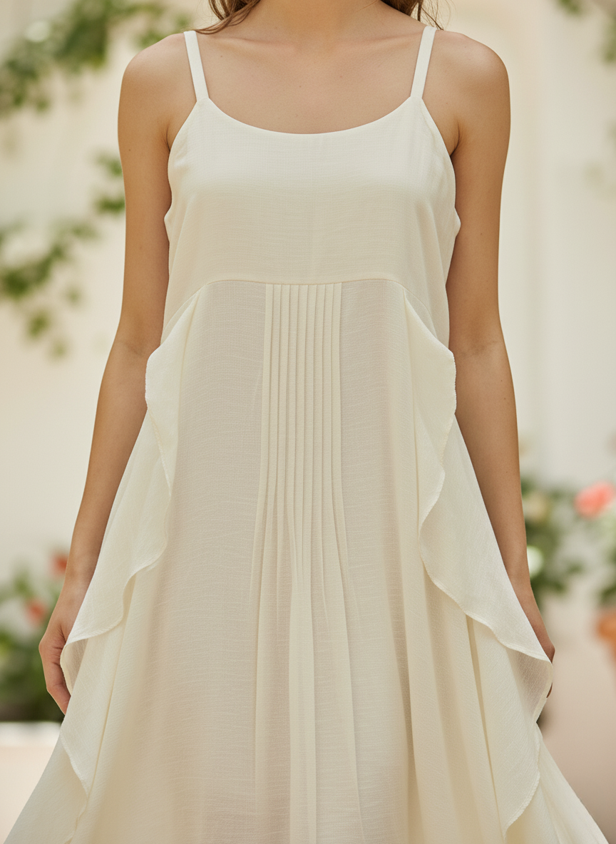 Detailed front view of ivory off-white pleated maxi cami dress