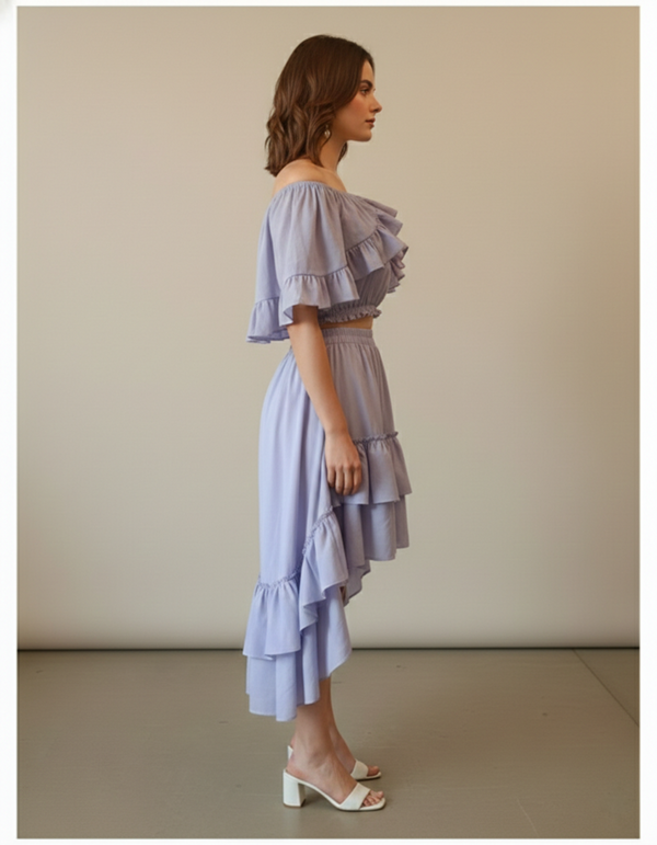 Side view of lavender off-shoulder high-low cotton dress with layered hem