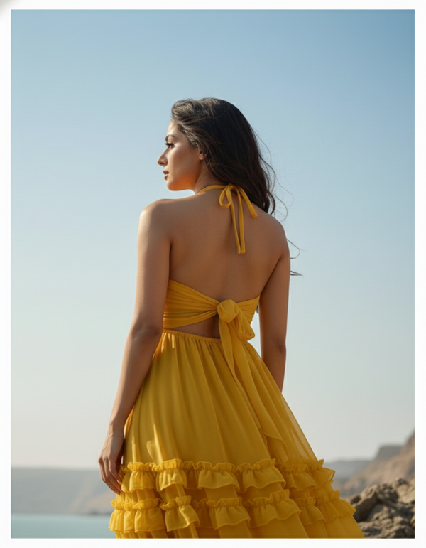 Woman in a yellow dress standing on a beach with a clear sky.