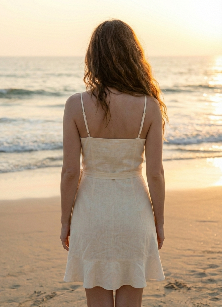 Ivory cotton wrap mini dress with adjustable straps and flowy hem – back view