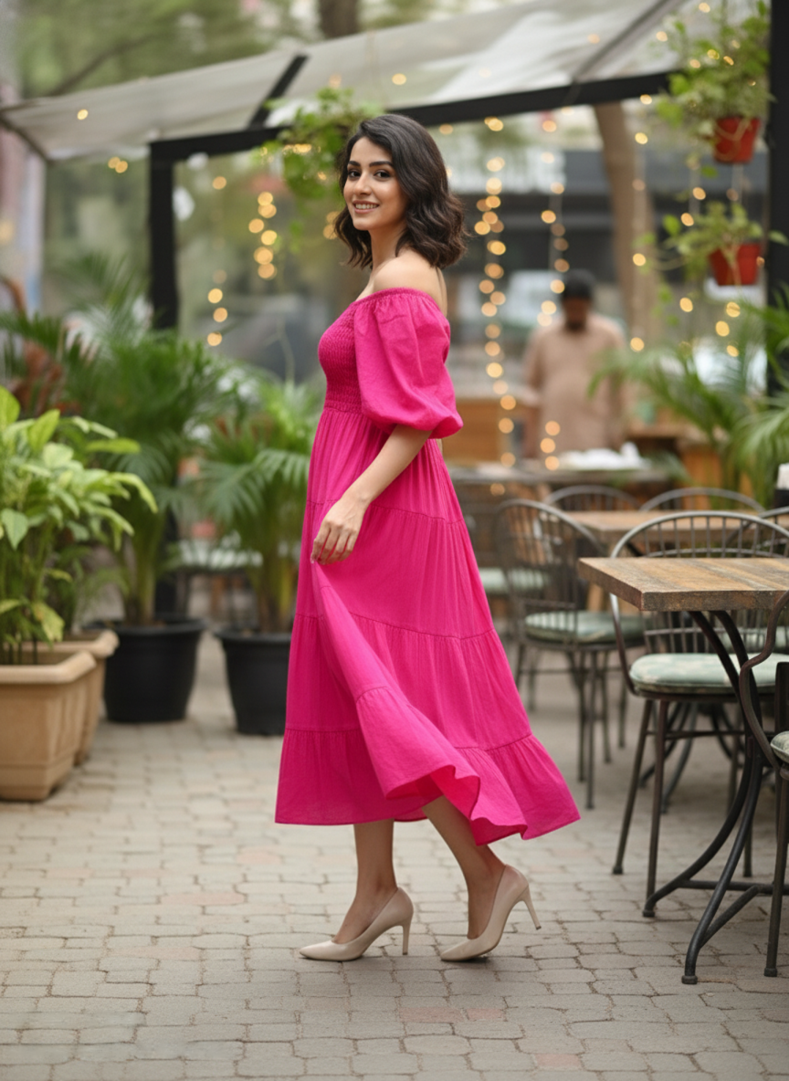 The Fuchsia Fiesta Tiered Cotton Midi Dress - Bold & Bouncy