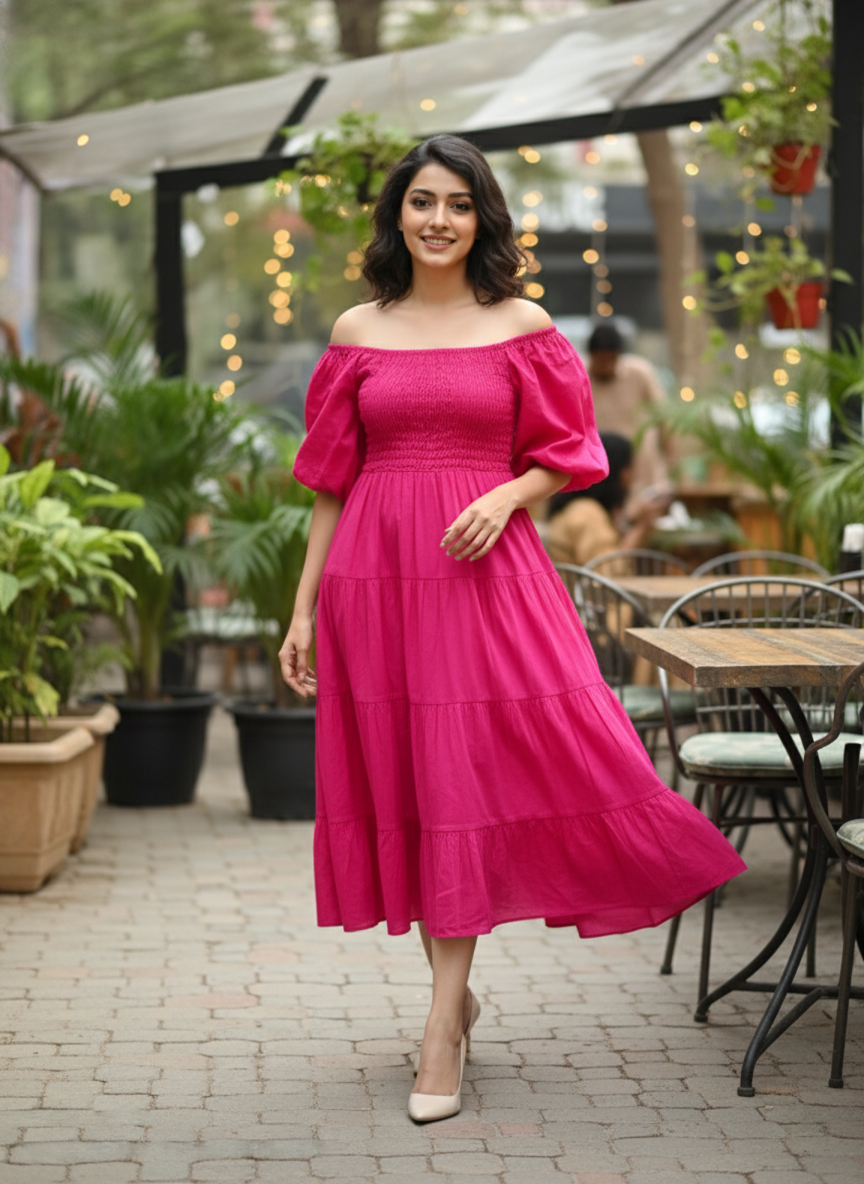 The Fuchsia Fiesta Tiered Cotton Midi Dress - Bold & Bouncy