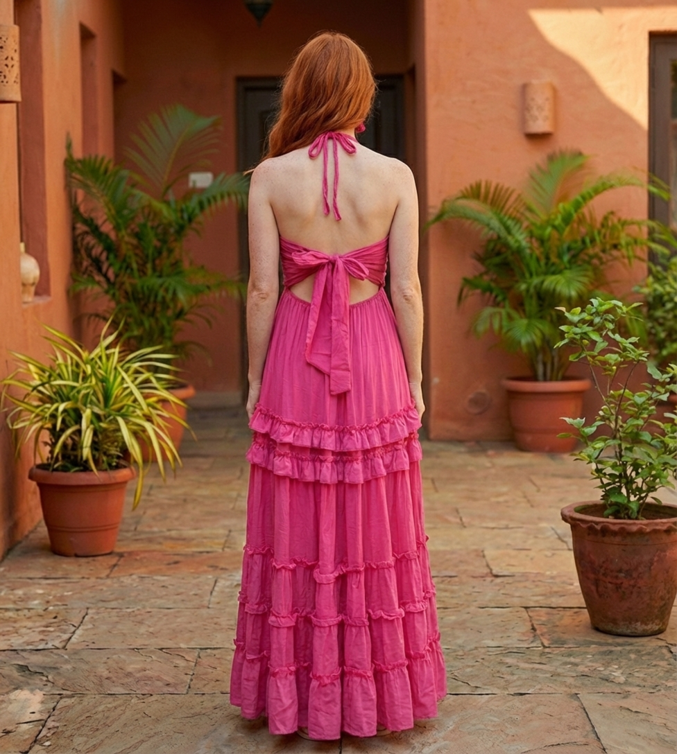 Rosé Courtyard Cotton Halter Maxi Dress – Free Size (M–XL)