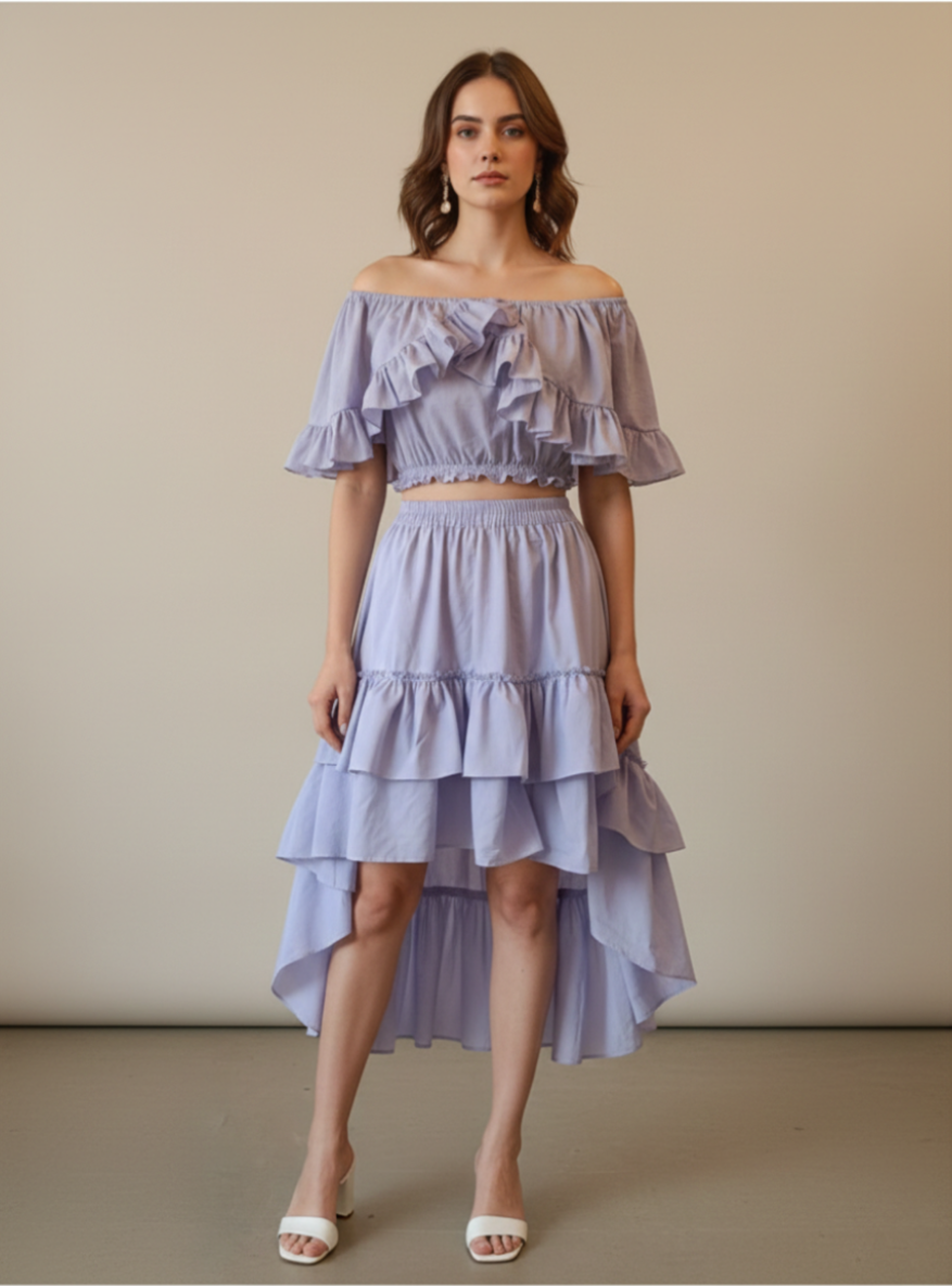 Lavender mist off-shoulder high-low cotton dress front view for women