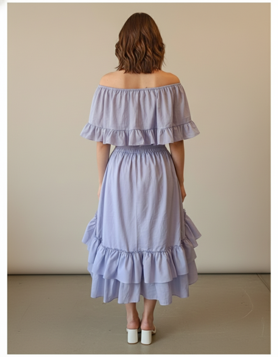 Lavender mist off-shoulder high-low cotton dress back view showing ruffle details