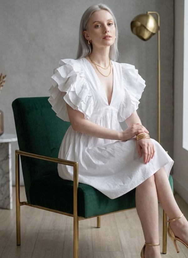 Ethereal White Cotton Ruffle Sleeve Mini Dress