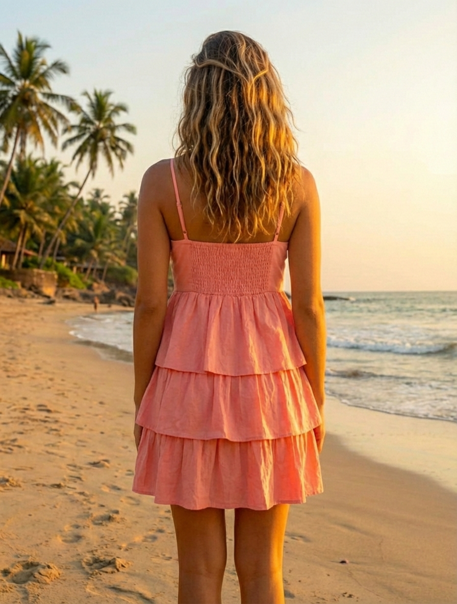 Back view of coral blush cotton mini dress showing smocked elastic back and tiered skirt