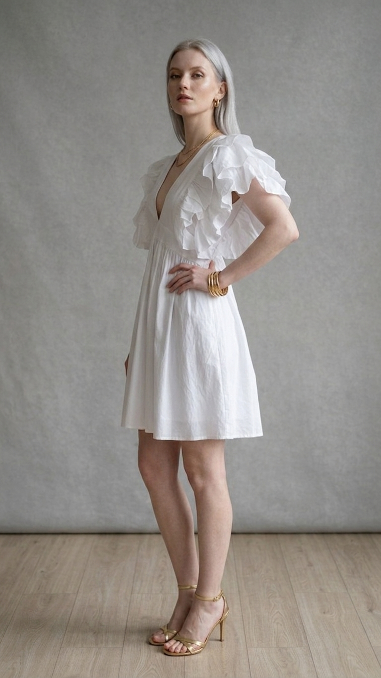 Ethereal White Cotton Ruffle Sleeve Mini Dress