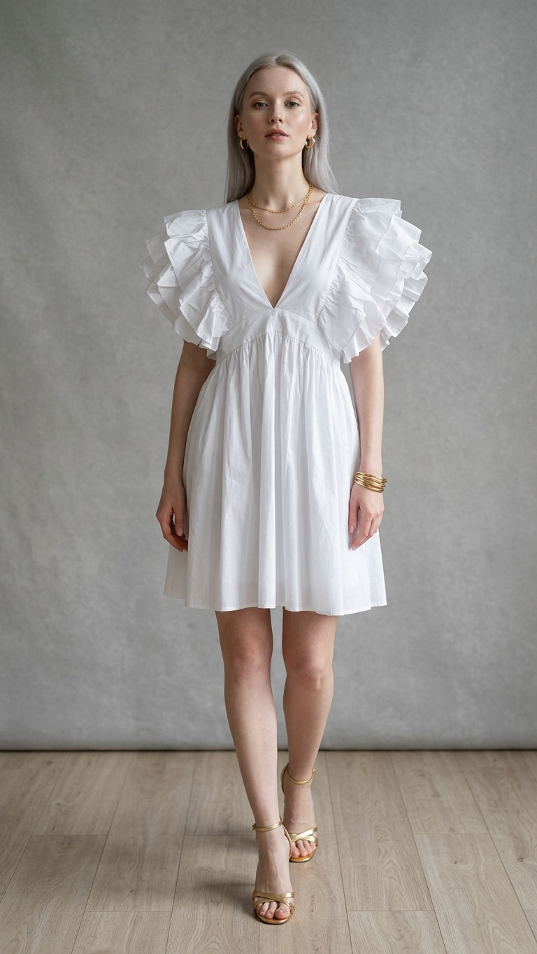 Ethereal White Cotton Ruffle Sleeve Mini Dress