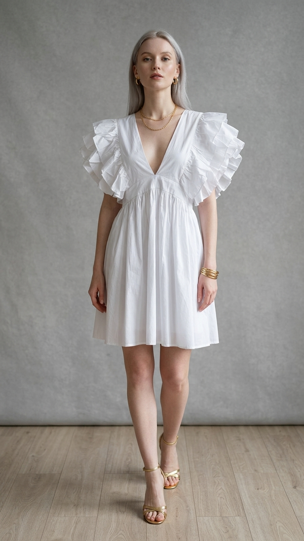 Ethereal White Cotton Ruffle Sleeve Mini Dress