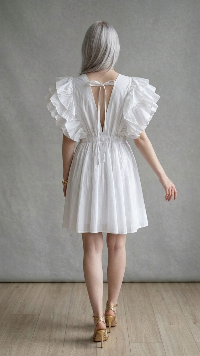 Ethereal White Cotton Ruffle Sleeve Mini Dress