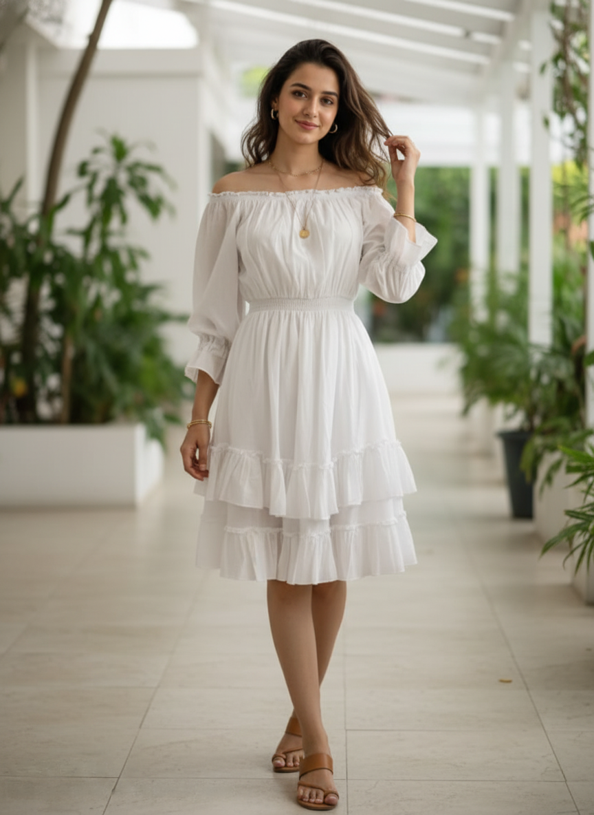 A woman walks towards the camera, smiling, wearing a white off-shoulder tiered pure cotton midi dress, with her hand gently touching her hair, in a bright hallway.