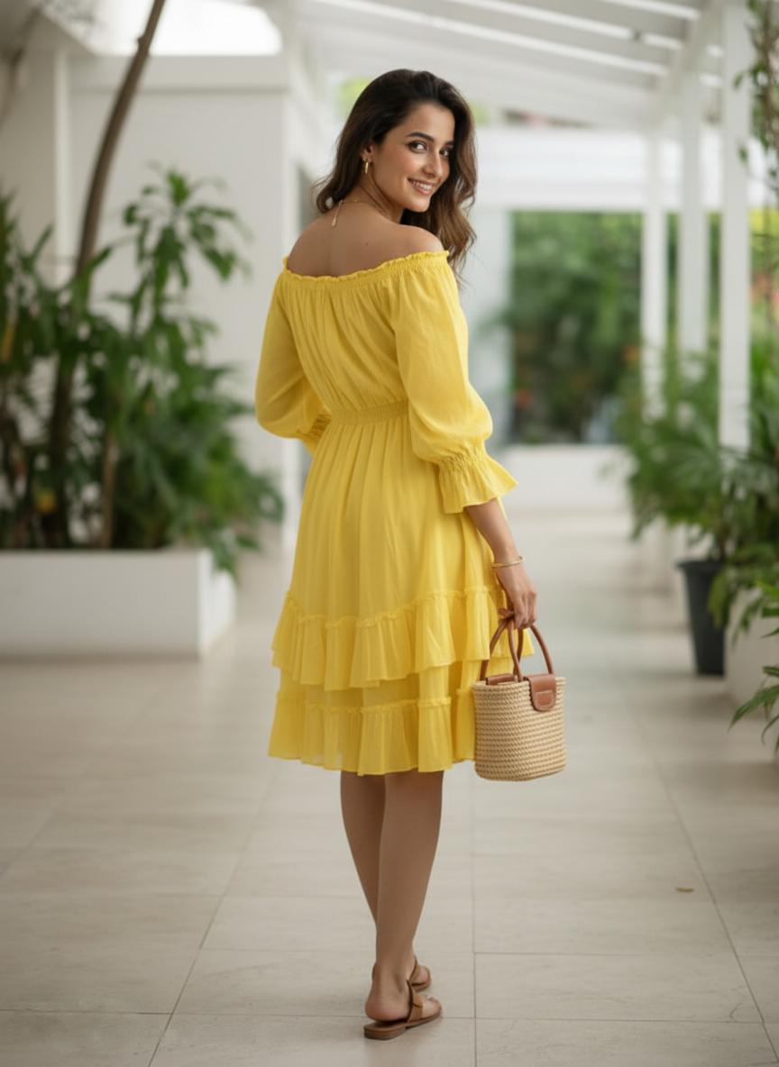A woman in a bright yellow off-shoulder midi dress looks back over her shoulder and smiles while walking away down a tiled hallway.