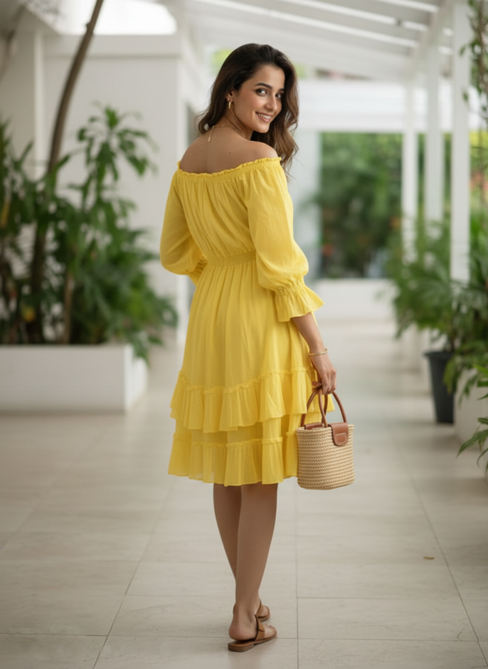 A woman in a bright yellow off-shoulder midi dress looks back over her shoulder and smiles while walking away down a tiled hallway.
