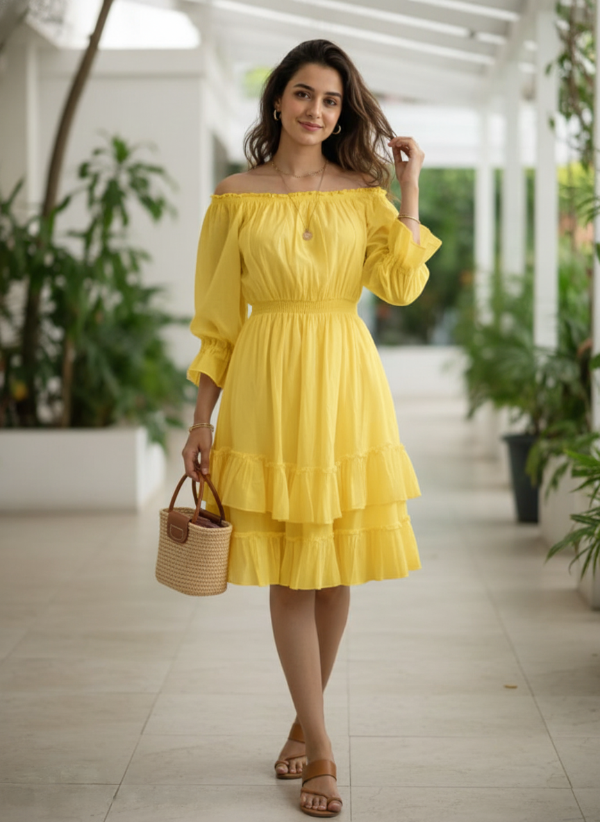 A woman walks towards the camera smiling, wearing a bright yellow off-shoulder tiered midi dress, carrying a straw handbag in a bright, plant-lined hallway.