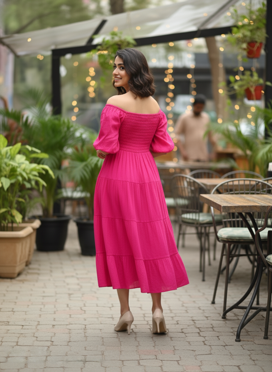 The Fuchsia Fiesta Tiered Cotton Midi Dress - Bold & Bouncy
