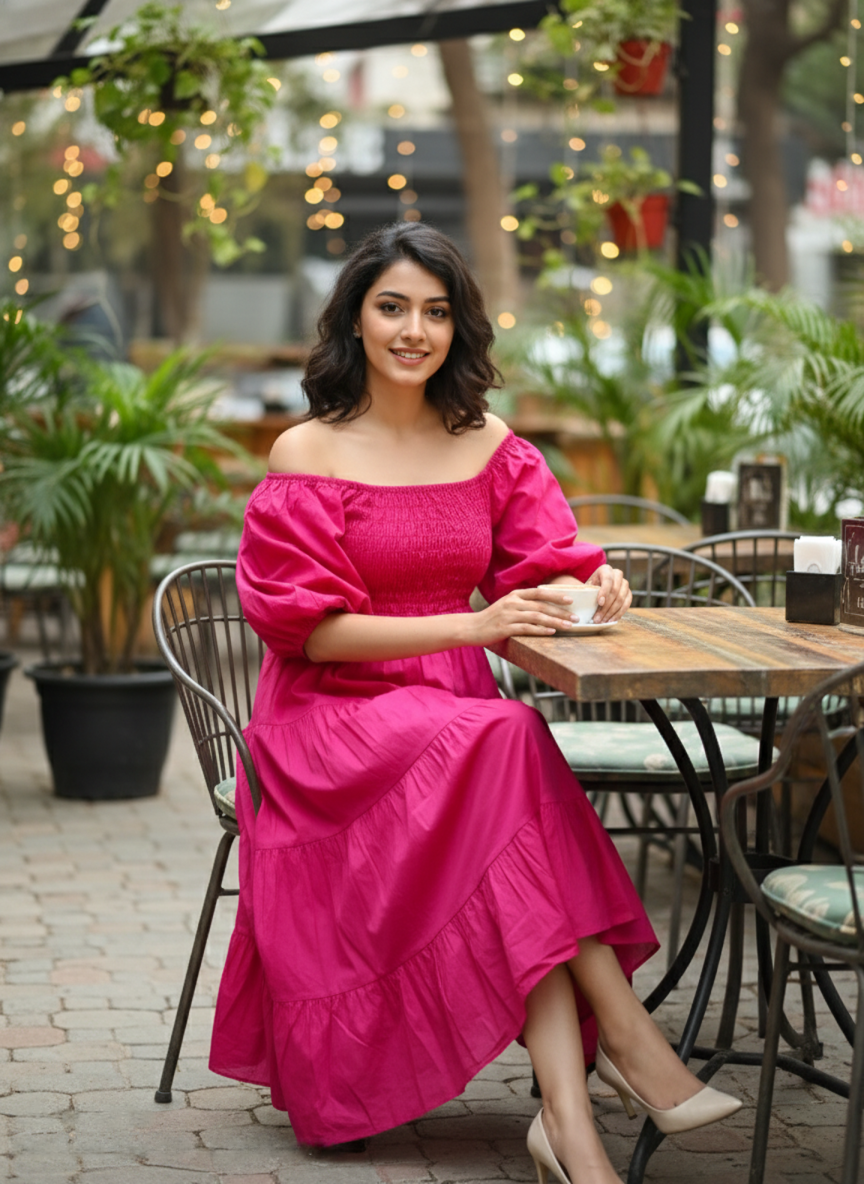 The Fuchsia Fiesta Tiered Cotton Midi Dress - Bold & Bouncy