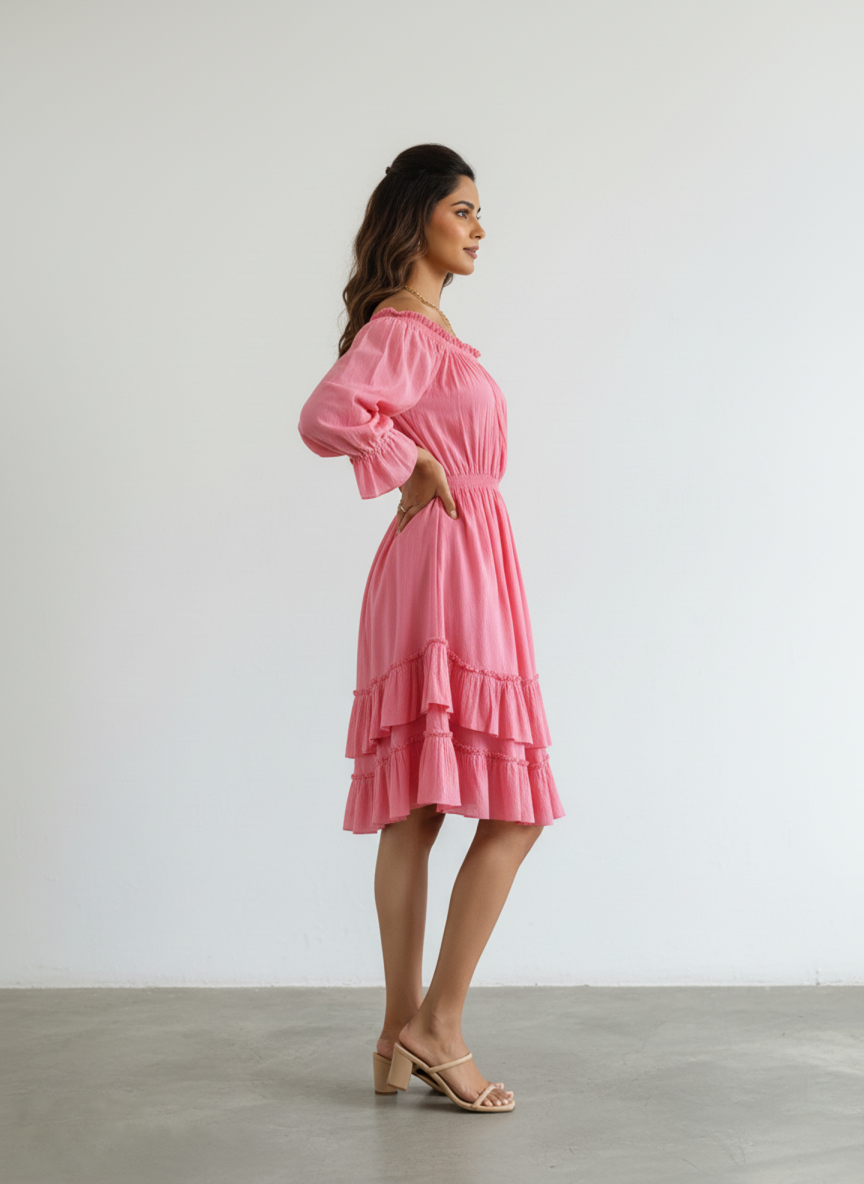 Side profile of a woman wearing a radiant pink pure cotton off-shoulder tiered mini dress, looking to the right. The dress features long sleeves and an elasticated waist, set against a plain white background