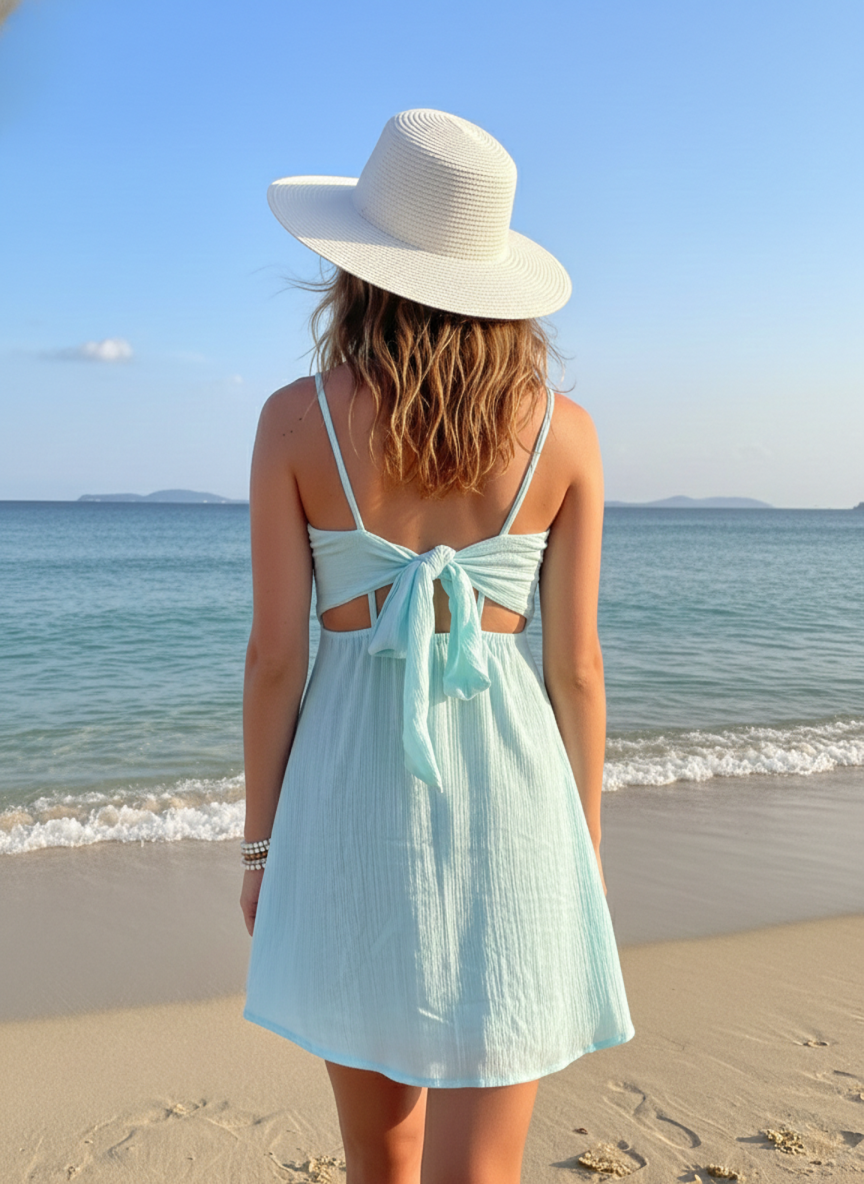 Sea Breeze Aqua Cotton Mini Dress for Women