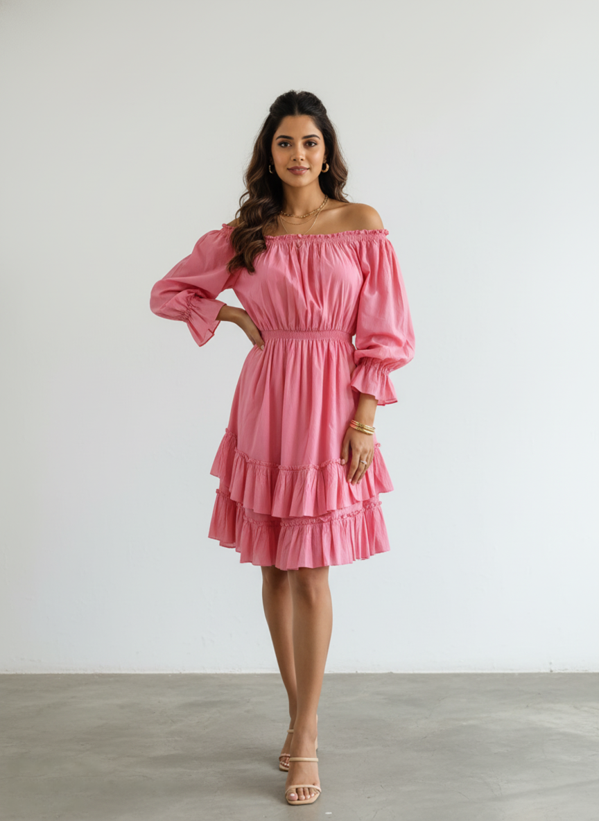 Front view of a smiling woman wearing a radiant pink pure cotton off-shoulder tiered mini dress. The dress has long sleeves, an elasticated waist, and ruffles, set against a plain white background.