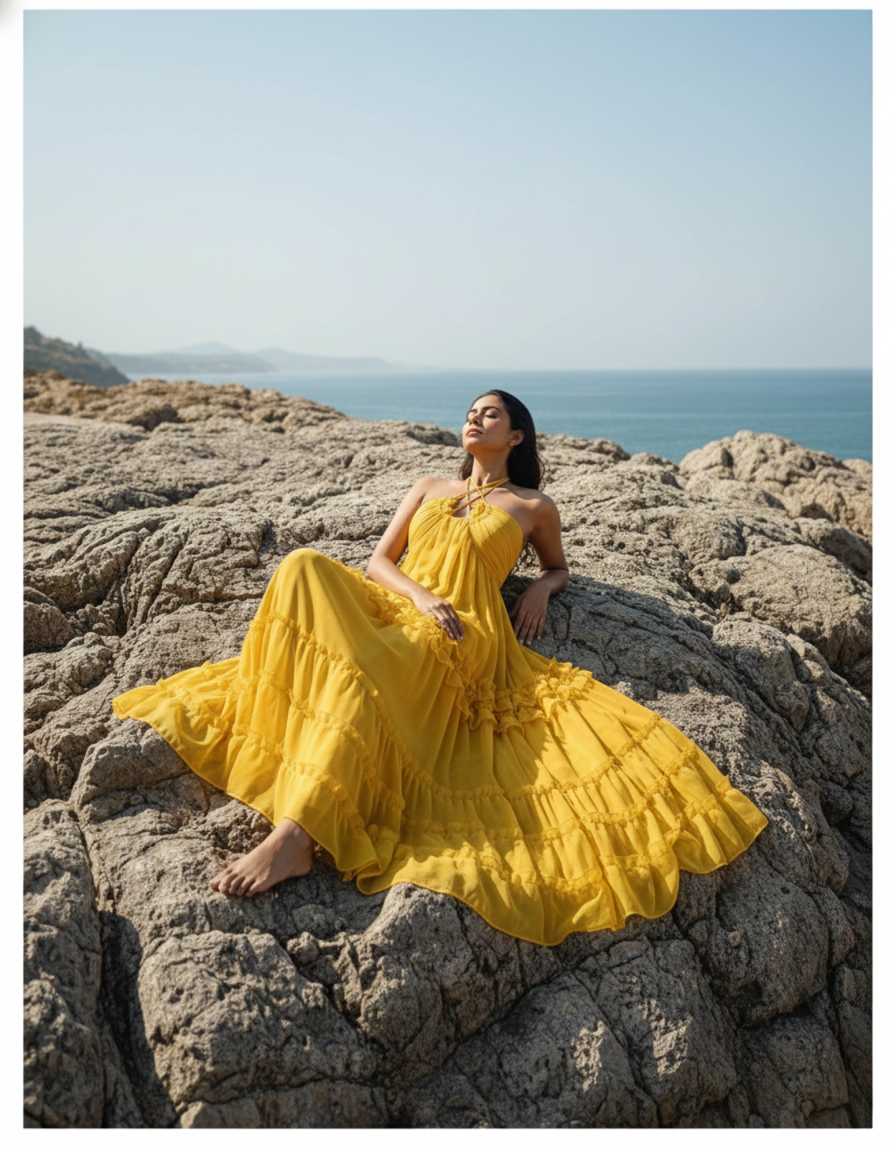 Woman wearing a flowing yellow tiered maxi dress reclining on rocky seaside cliffs during golden hour, with ocean and coastal hills in the background.